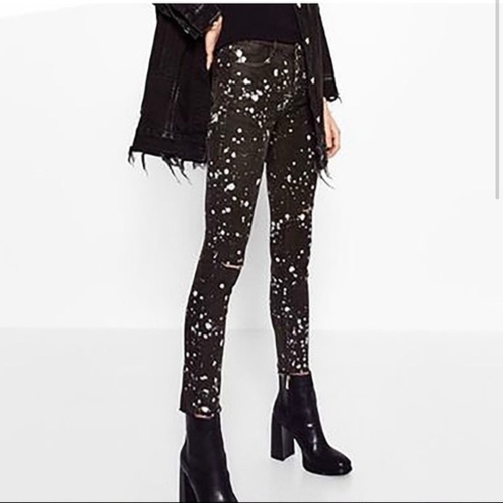 ZARA Trafaluc Denim Splatter Paint Distressed Skinny Jeans Black White Size 6
